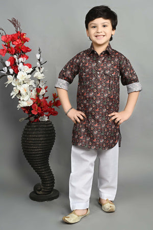 Ahhaaaa Kids Ethnic Wear Printed Cotton Kurta Pyjama Pathani Suit For Boys Brown