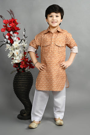 Ahhaaaa Kids Ethnic Wear Printed Cotton Kurta Pyjama Pathani Suit For Boys Orange