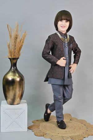 Ahhaaaa Kids Ethnic Zari Work Sherwani Waistcoat, Kurta and Pyjama with Moti Mala for Boys