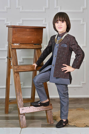 Ahhaaaa Kids Ethnic Zari Work Sherwani Waistcoat, Kurta and Pyjama with Moti Mala for Boys Gray