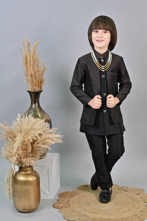 Ahhaaaa Kids Ethnic Zari Work Sherwani Waistcoat, Kurta and Pyjama with Moti Mala for Boys