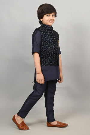 Ahhaaaa Kids Indian Ethnic Velvet Waistcoat Cotton Kurta Pyjama Set