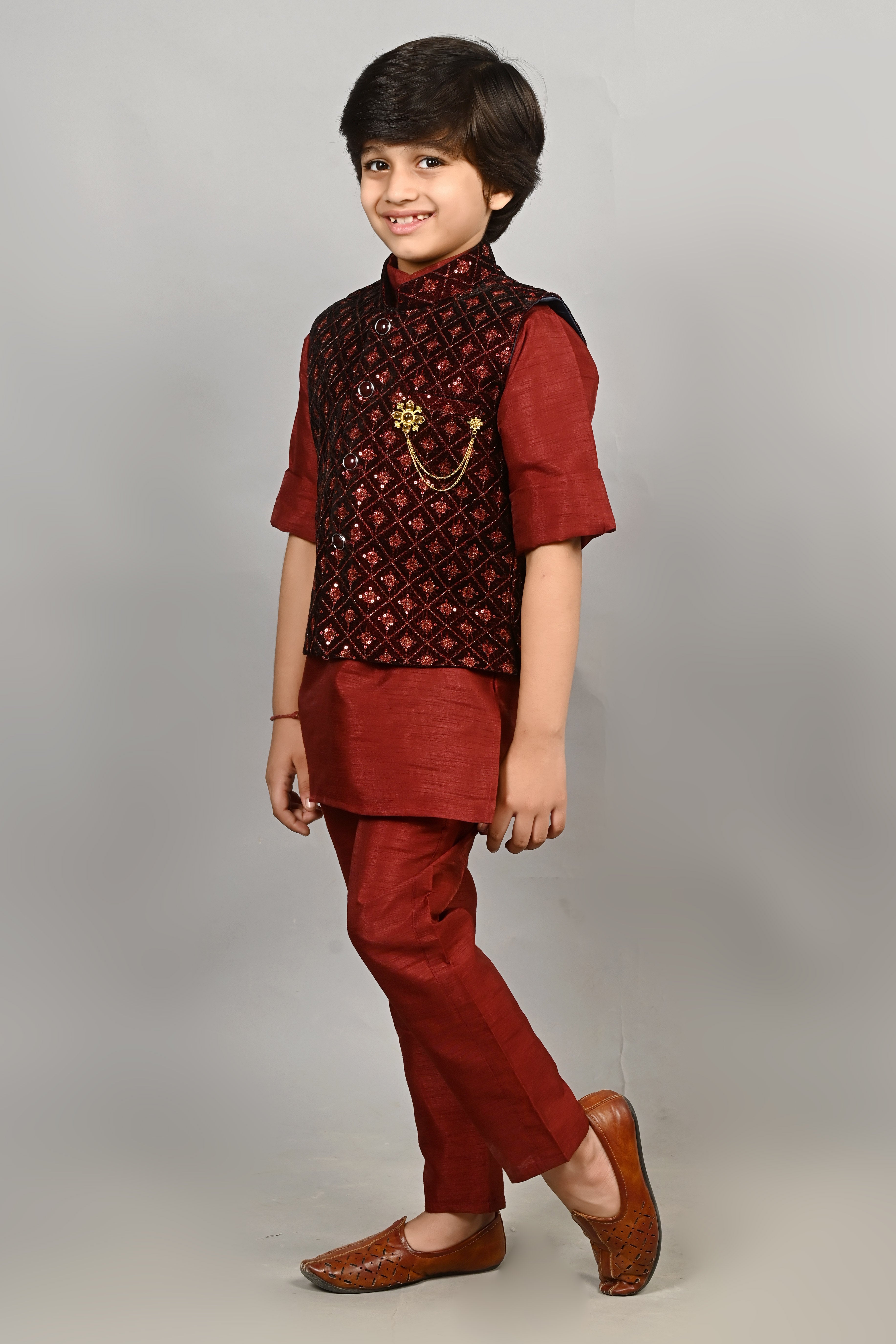 Ahhaaaa Kids Indian Ethnic Velvet Waistcoat Cotton Kurta Pyjama Set