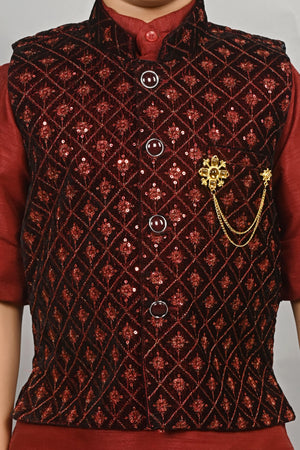 Ahhaaaa Kids Indian Ethnic Velvet Waistcoat Cotton Kurta Pyjama Set