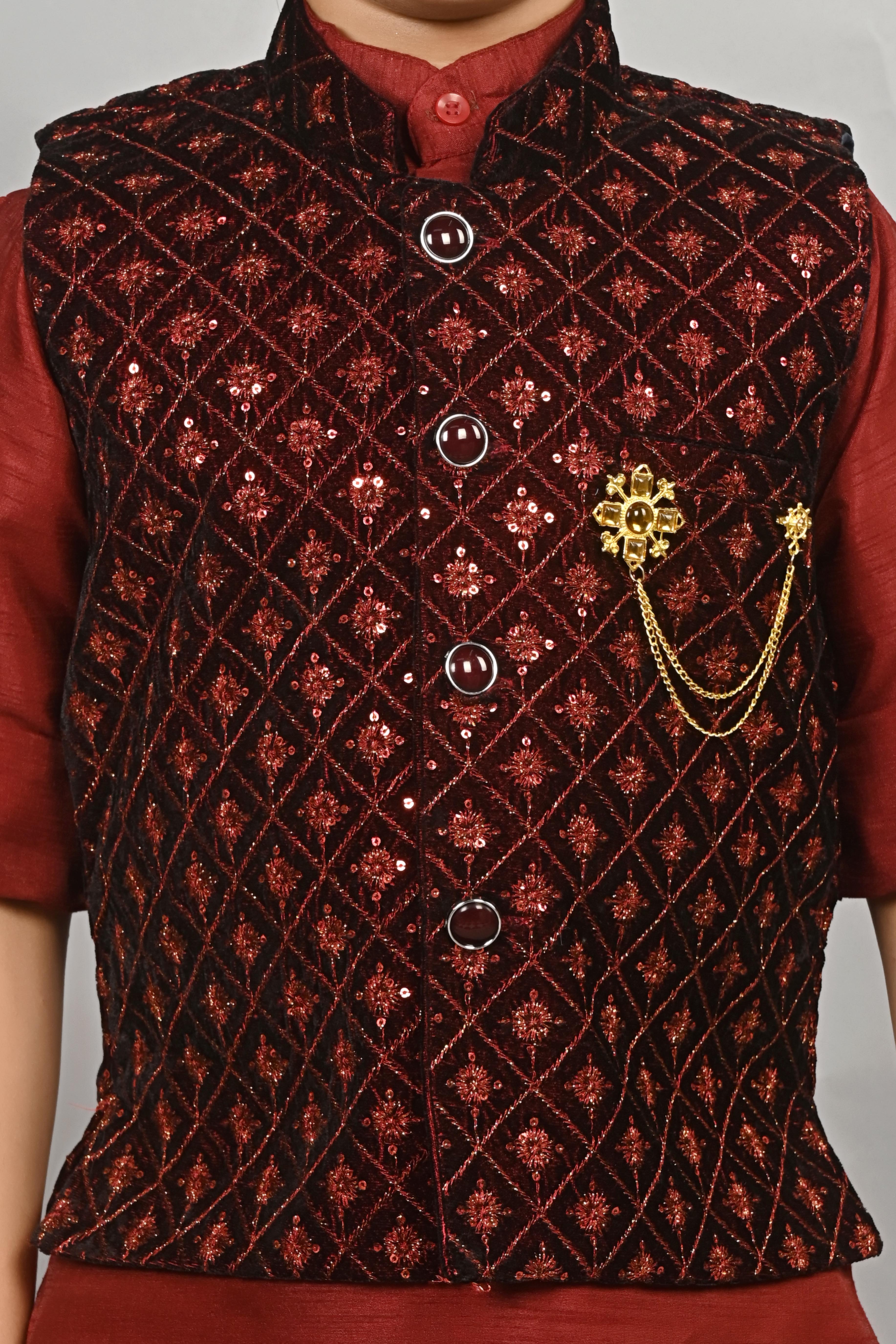 Ahhaaaa Kids Indian Ethnic Velvet Waistcoat Cotton Kurta Pyjama Set