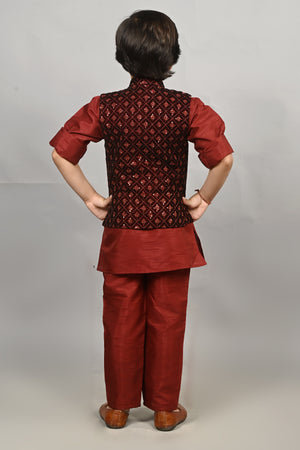 Ahhaaaa Kids Indian Ethnic Velvet Waistcoat Cotton Kurta Pyjama Set