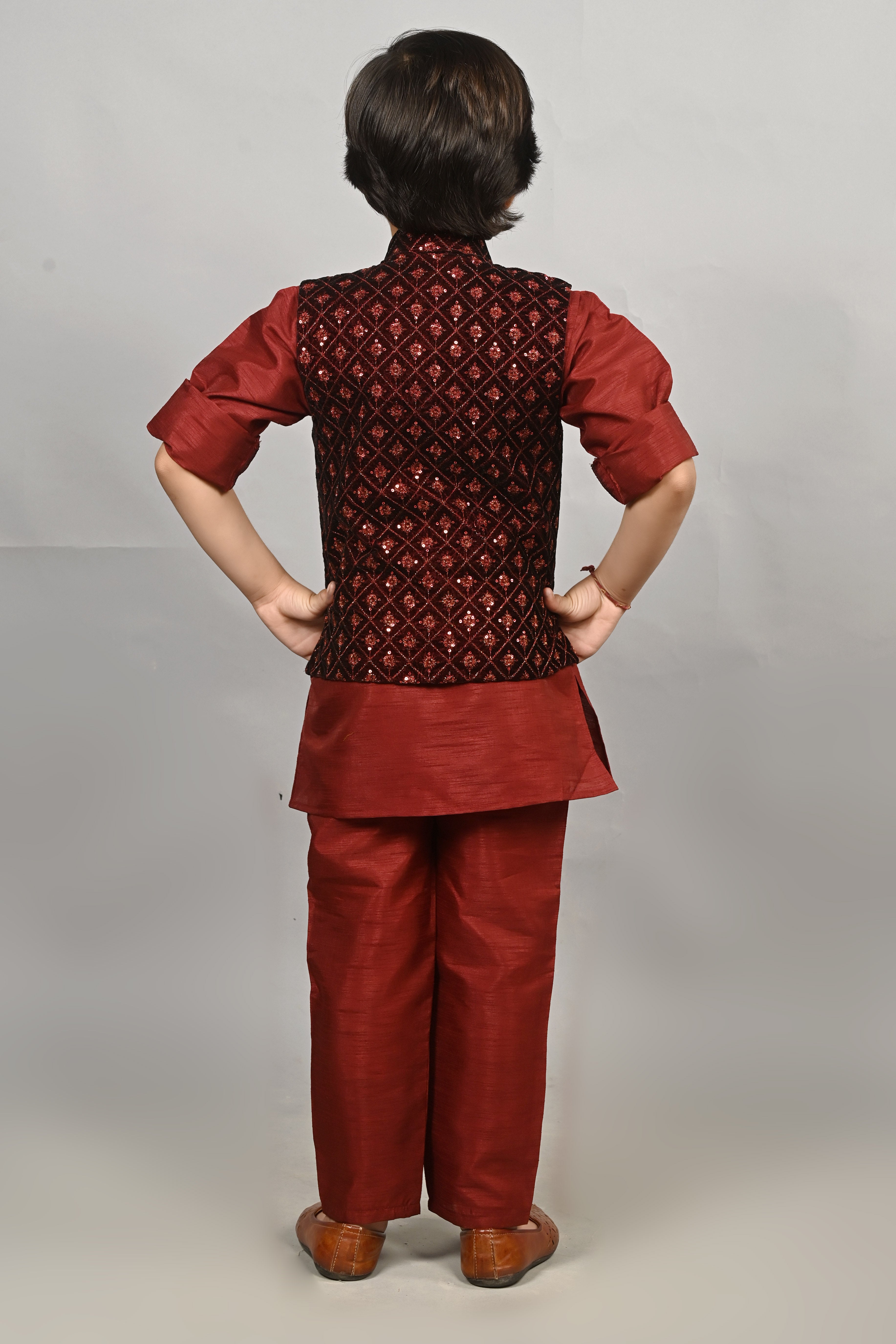 Ahhaaaa Kids Indian Ethnic Velvet Waistcoat Cotton Kurta Pyjama Set