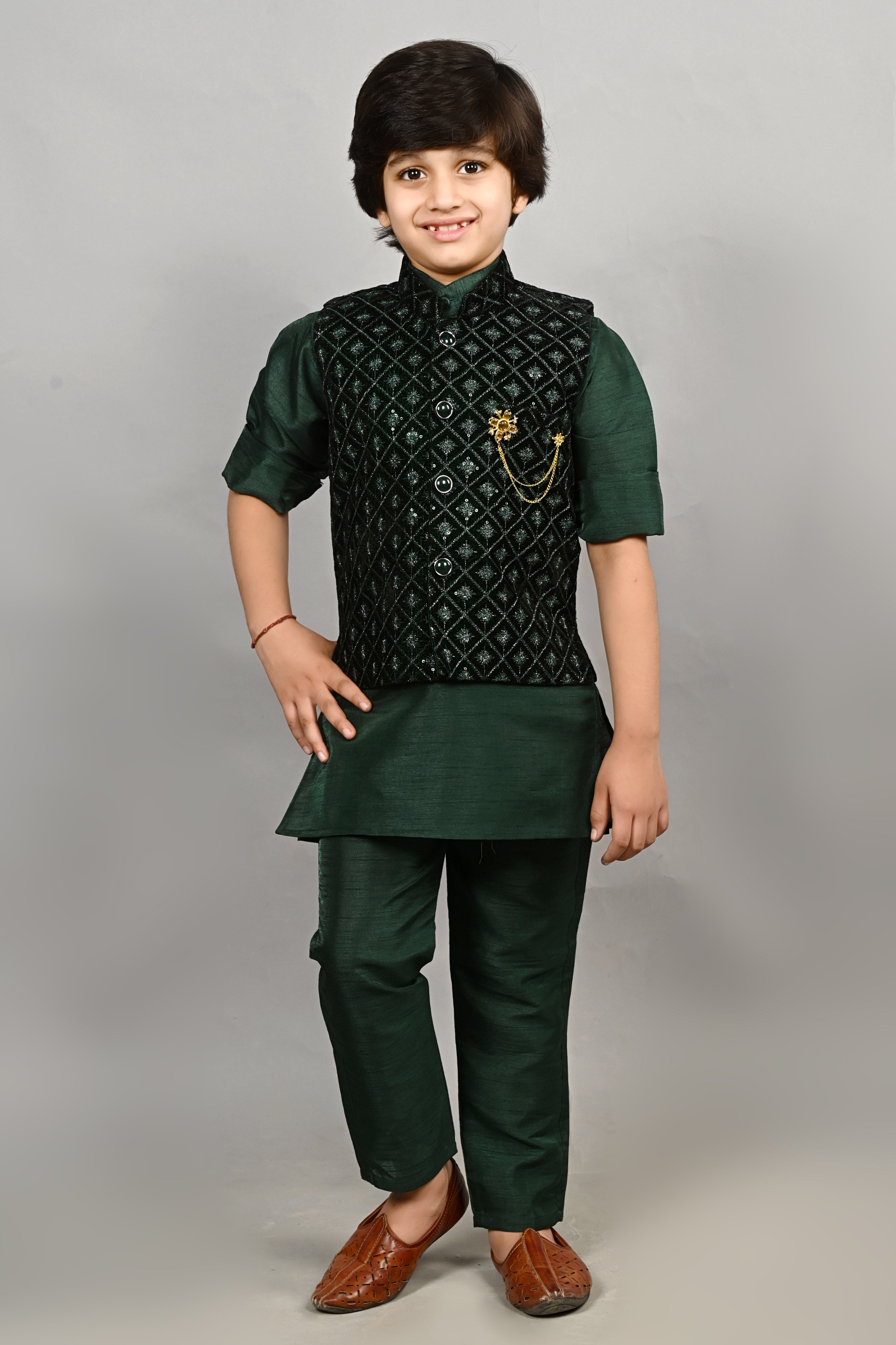 Ahhaaaa Kids Indian Ethnic Velvet Waistcoat Cotton Kurta Pyjama Set