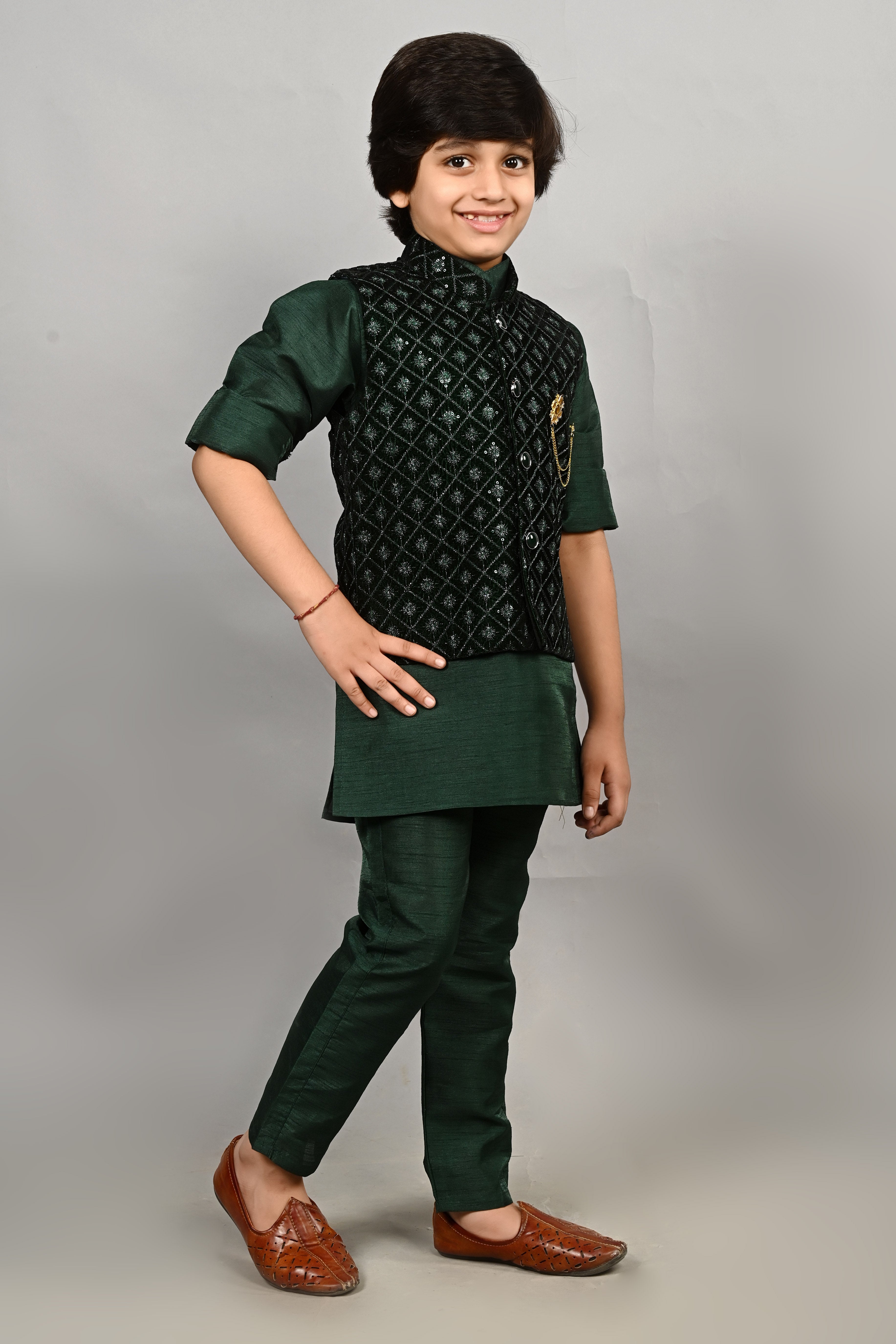 Ahhaaaa Kids Indian Ethnic Velvet Waistcoat Cotton Kurta Pyjama Set