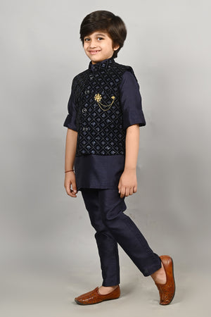 Ahhaaaa Kids Indian Ethnic Velvet Waistcoat Cotton Kurta Pyjama Set