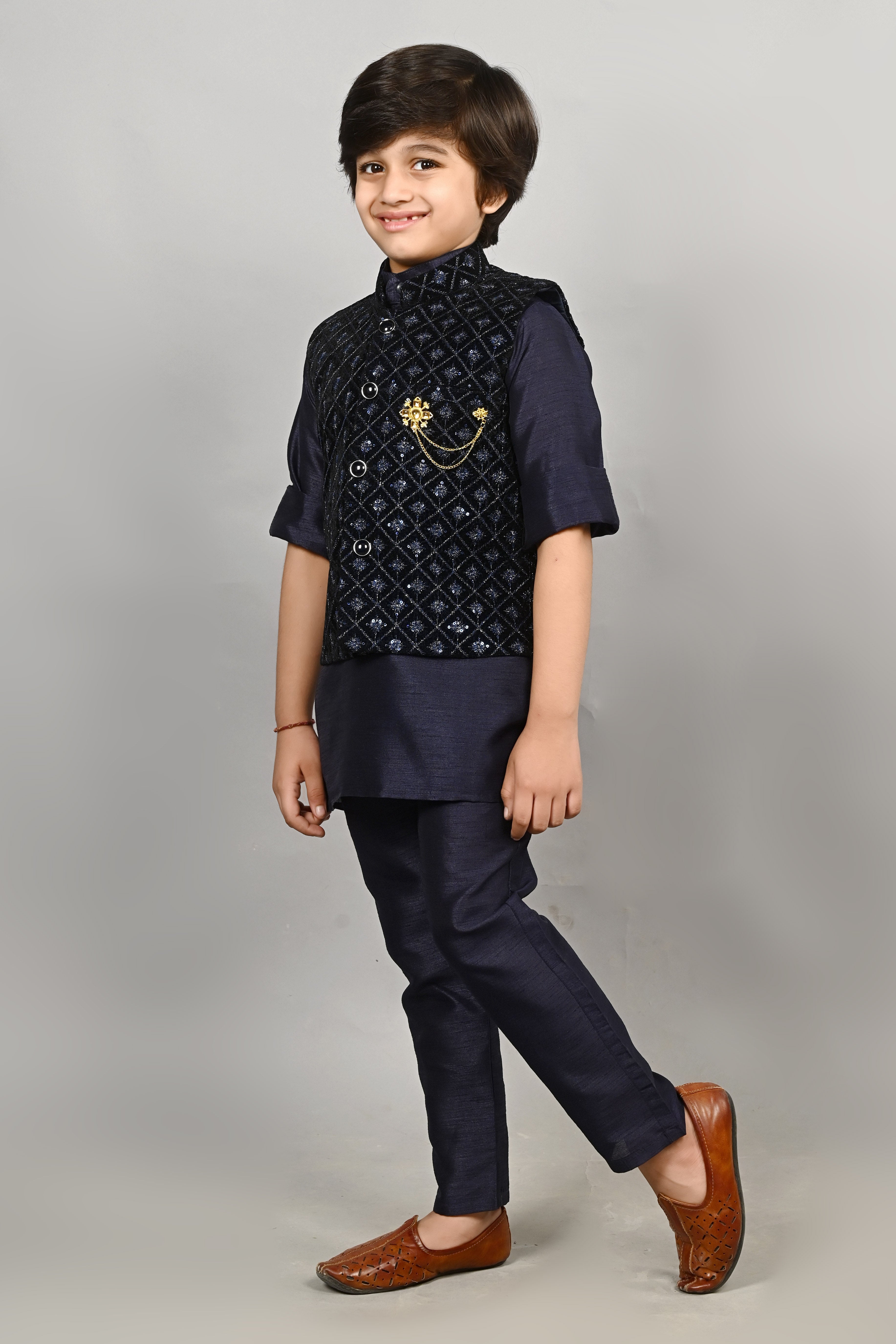 Ahhaaaa Kids Indian Ethnic Velvet Waistcoat Cotton Kurta Pyjama Set