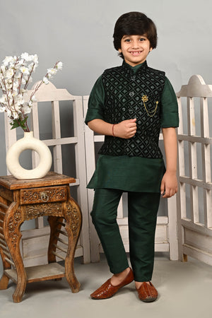 Ahhaaaa Kids Indian Ethnic Velvet Waistcoat Cotton Kurta Pyjama Set Green