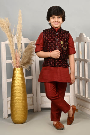 Ahhaaaa Kids Indian Ethnic Velvet Waistcoat Cotton Kurta Pyjama Set Maroon