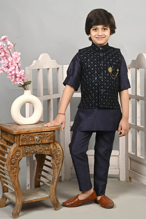 Ahhaaaa Kids Indian Ethnic Velvet Waistcoat Cotton Kurta Pyjama Set Navy