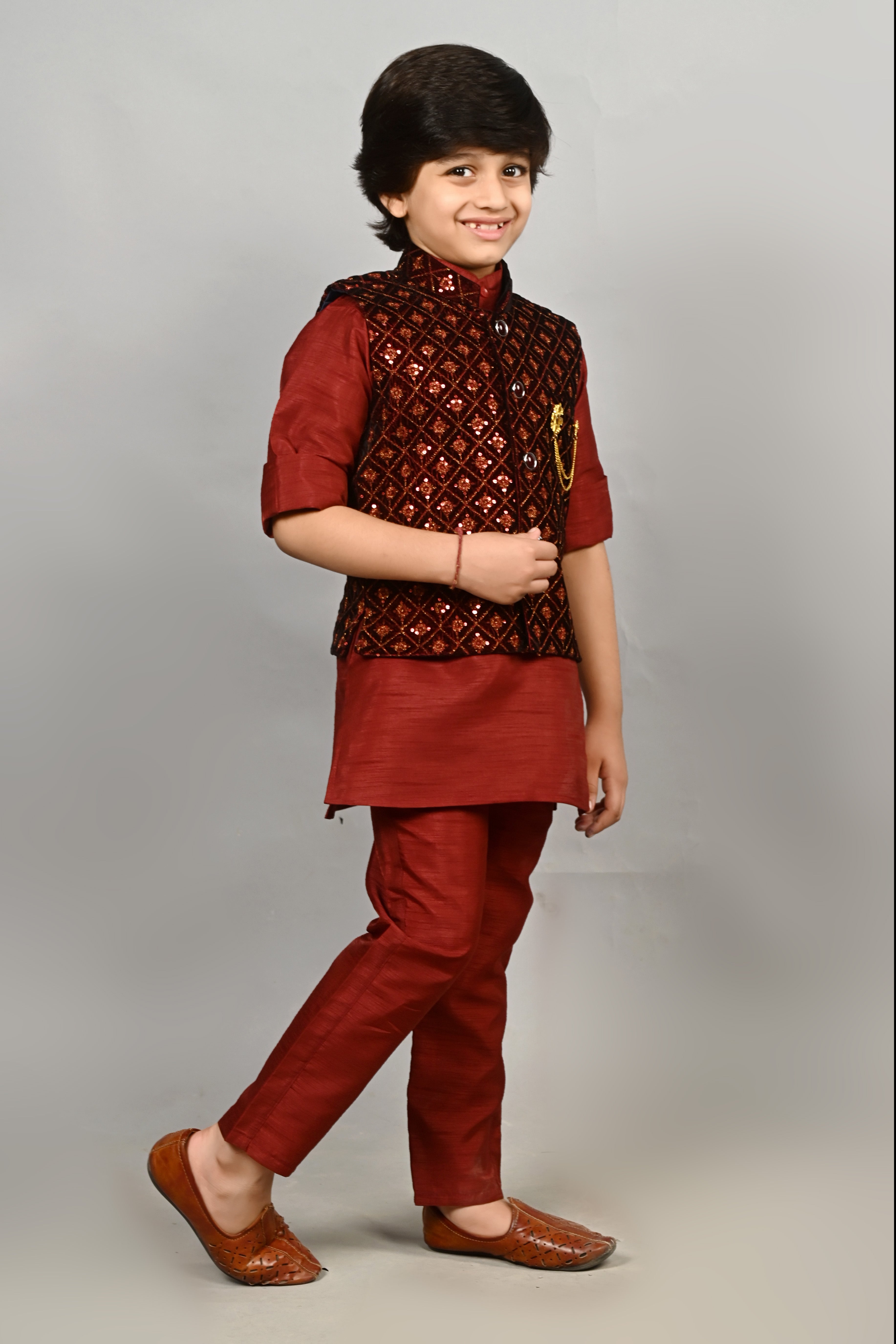 Ahhaaaa Kids Indian Ethnic Velvet Waistcoat Cotton Kurta Pyjama Set