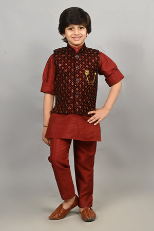 Ahhaaaa Kids Indian Ethnic Velvet Waistcoat Cotton Kurta Pyjama Set