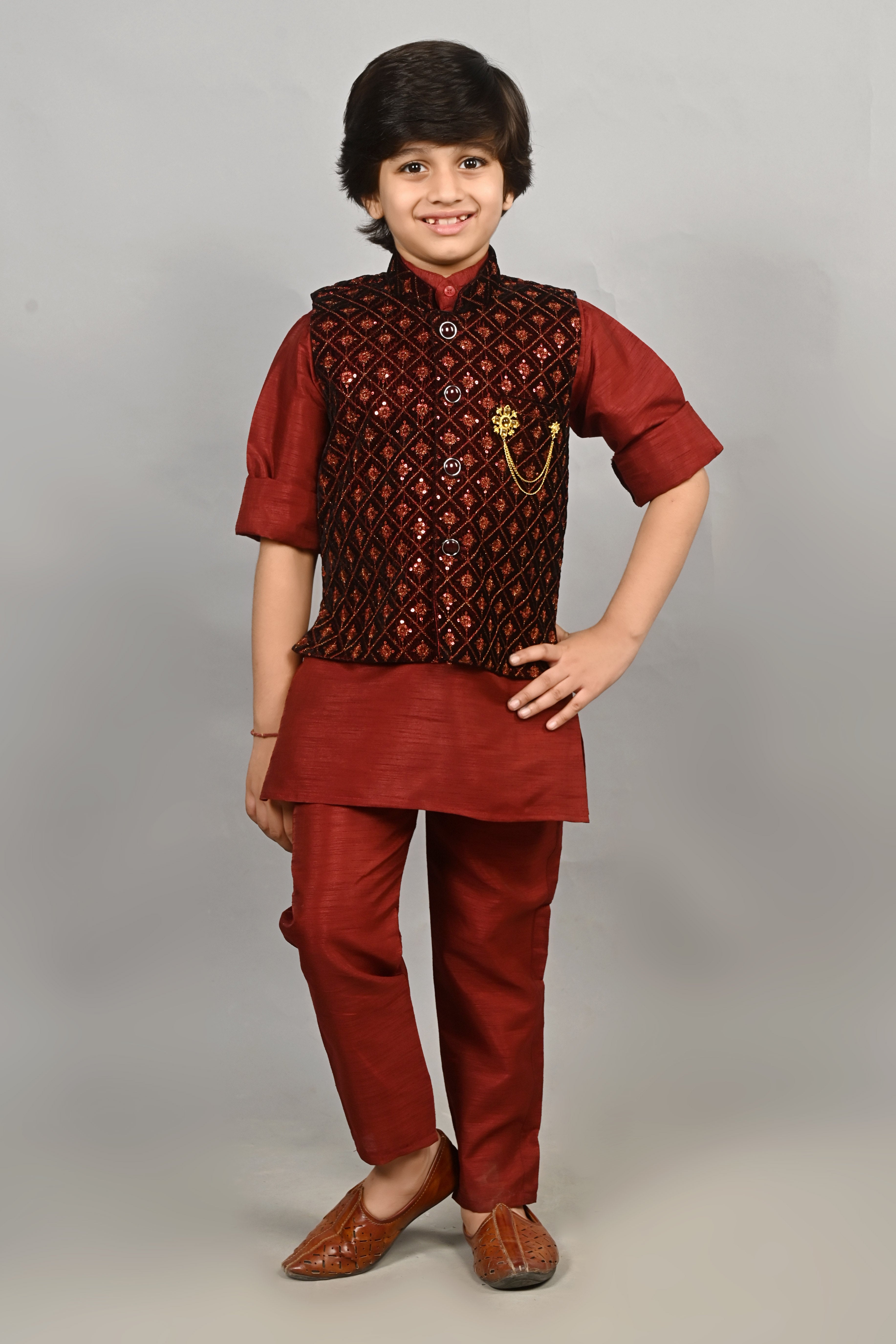 Ahhaaaa Kids Indian Ethnic Velvet Waistcoat Cotton Kurta Pyjama Set