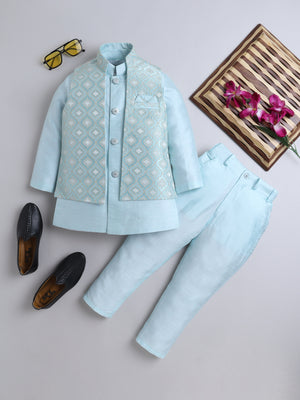 Ahhaaaa Kids Indian Ethnic Waistcoat Silk Kurta Pyjama Set Bollywood Style Wedding Ethnic for Boys Turquoise