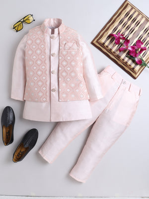 Ahhaaaa Kids Indian Ethnic Waistcoat Silk Kurta Pyjama Set Bollywood Style Wedding Ethnic for Boys Pink