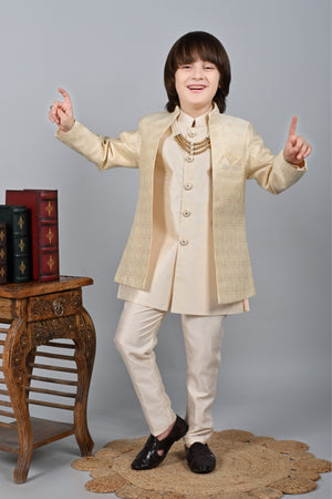 Ahhaaaa Kids Sequin Embedded Indo-Western Set, Kurta, Pajama and Waistcoat Set for Boys