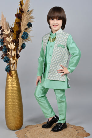 Ahhaaaa Kids Sequin Embedded Indo-Western Kurta, Pajama and Waistcoat Set for Boys