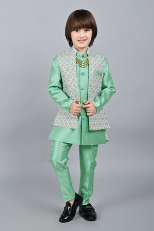 Ahhaaaa Kids Sequin Embedded Indo-Western Kurta, Pajama and Waistcoat Set for Boys