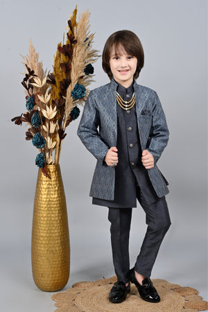 Ahhaaaa Kids Sequin Embedded Indo-Western Set, Kurta, Pajama and Waistcoat Set for Boys
