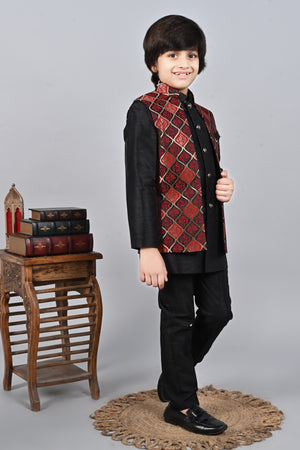 Ahhaaaa Kids Silk Blend Waistcoat, Kurta Pyjama 3 Piece Sherwani Set For Boys