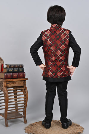 Ahhaaaa Kids Silk Blend Waistcoat, Kurta Pyjama 3 Piece Sherwani Set For Boys