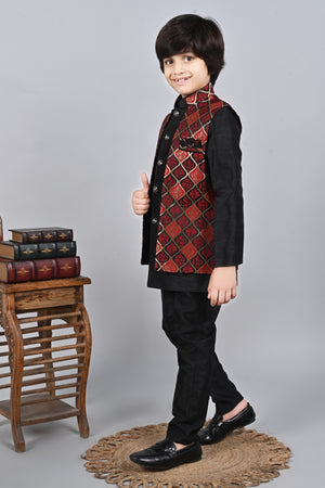 Ahhaaaa Kids Silk Blend Waistcoat, Kurta Pyjama 3 Piece Sherwani Set For Boys