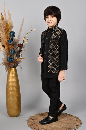 Ahhaaaa Kids Silk Blend Waistcoat, Kurta Pyjama 3 Piece Sherwani Set For Boys