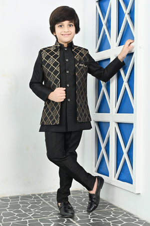 Ahhaaaa Kids Silk Blend Waistcoat, Kurta Pyjama 3 Piece Sherwani Set For Boys Black