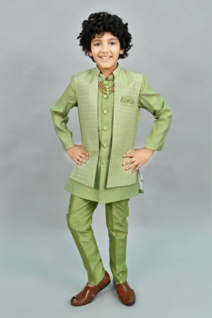 Ahhaaaa Kids Thread Zari Work Indo-Western Kurta, Pajama and Waistcoat for Boys Green