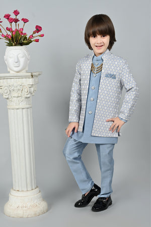 Ahhaaaa Kids Zari Work Indo-Western Kurta, Pajama and Waistcoat Ethnic Set For Boys
