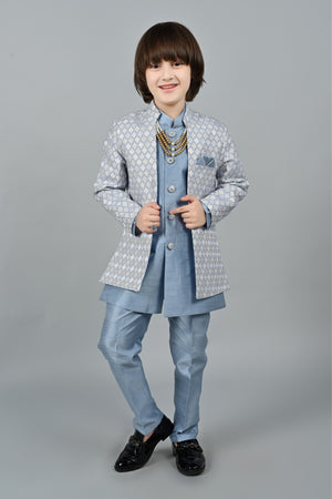 Ahhaaaa Kids Zari Work Indo-Western Kurta, Pajama and Waistcoat Ethnic Set For Boys