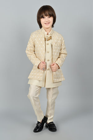 Ahhaaaa Kids Zari Work Indo-Western Kurta, Pajama and Waistcoat Ethnic Set For Boys