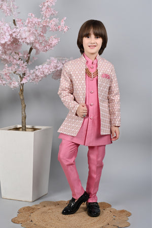 Ahhaaaa Kids Zari Work Indo-Western Kurta, Pajama and Waistcoat Ethnic Set For Boys