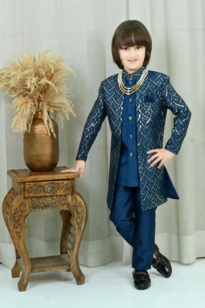Ahhaaaa Royal Prince Sequin Embroidered Silk Blend Sherwani for Boys | Wedding & Festival Ethnic Wear Blue