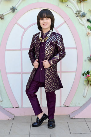 Ahhaaaa Royal Prince Sequin Embroidered Silk Blend Sherwani for Boys | Wedding & Festival Ethnic Wear Wine