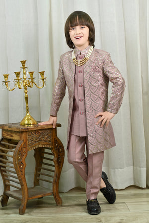 Ahhaaaa Royal Prince Sequin Embroidered Silk Blend Sherwani for Boys | Wedding & Festival Ethnic Wear Pink