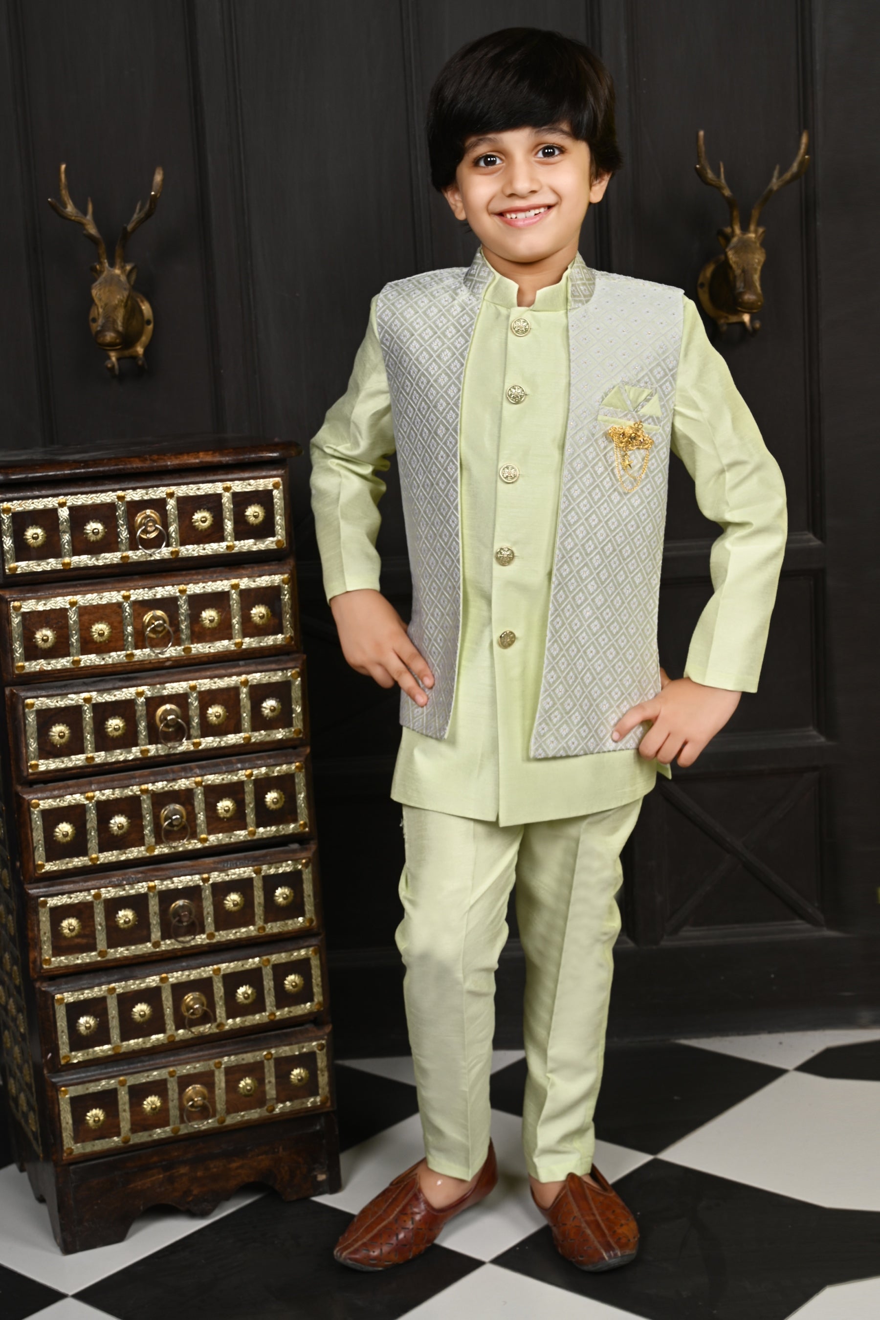 Ahhaaaa Traditional Party Wear Bollywood Style Indo-Western Sherwani for Boys Green