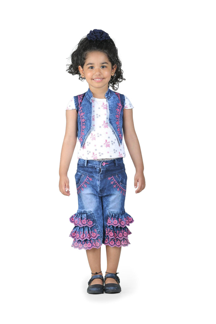 Ahhaaaa Kids Western Cotton Top and Denim Jacket with Capri Set for Baby Girls - ahhaaaa.com