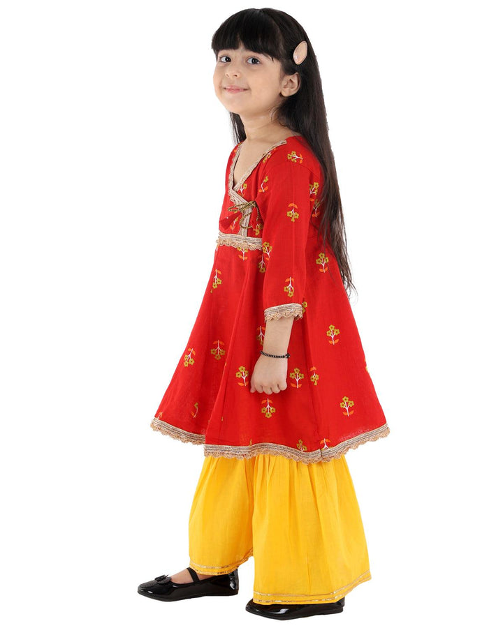 Ahhaaaa Cotton Jaipuri Anarkali Kurti-Orange Sharara Set For Baby Girls - ahhaaaa.com