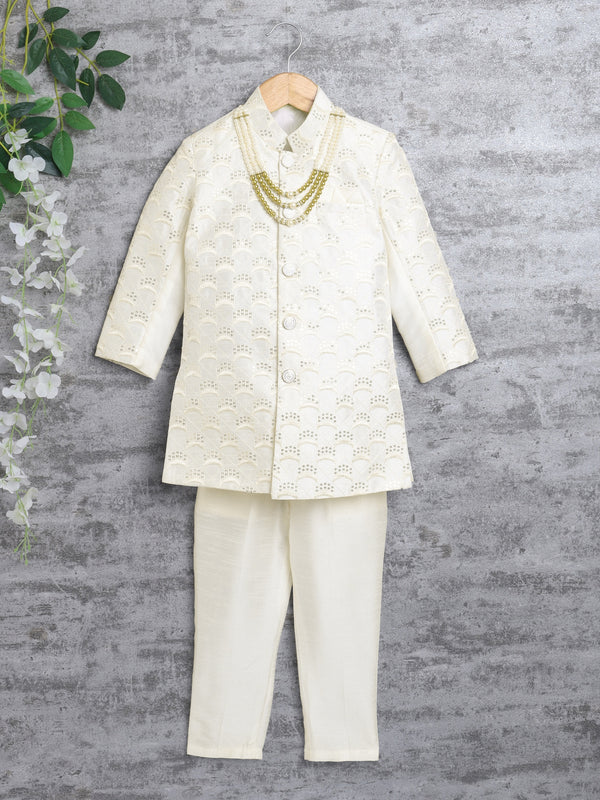 Kids Ethnic Cotton Silk Blend Sequin Print Indo-Western Sherwani Set for Boys