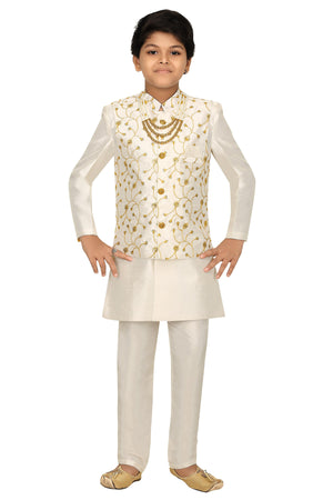 Ahhaaaa Boys' Banarasi Silk Clothing Set (Sherwani) White