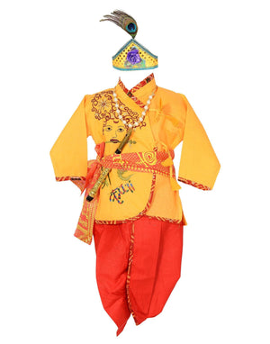 Ahhaaaa Cotton Handwork Krishna Dress Kurta with Dhoti Pant for Boys Yellow