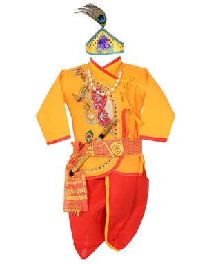 Ahhaaaa Cotton Handwork Krishna Dress Kurta with Dhoti Pant for Boys Yellow