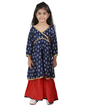 Ahhaaaa Cotton Jaipuri Indigo Anarkali-Red Sharara Set For Baby Girls Navy
