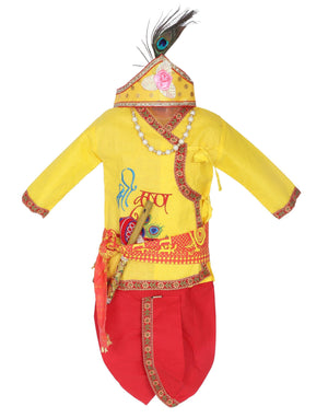 Ahhaaaa Cotton Kids Krishna Handicraft Dress Kurta with Dhoti Pant for Boys Yellow