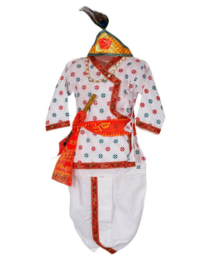 Ahhaaaa Cotton Pintex Print Krishna Dress Kurta with Dhoti Pant for Boys White